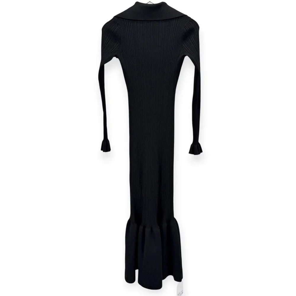 NWT Self-Portrait Black Ribbed Knit Fluted Midi Dress $555 - Size Small - Picture 14 of 16